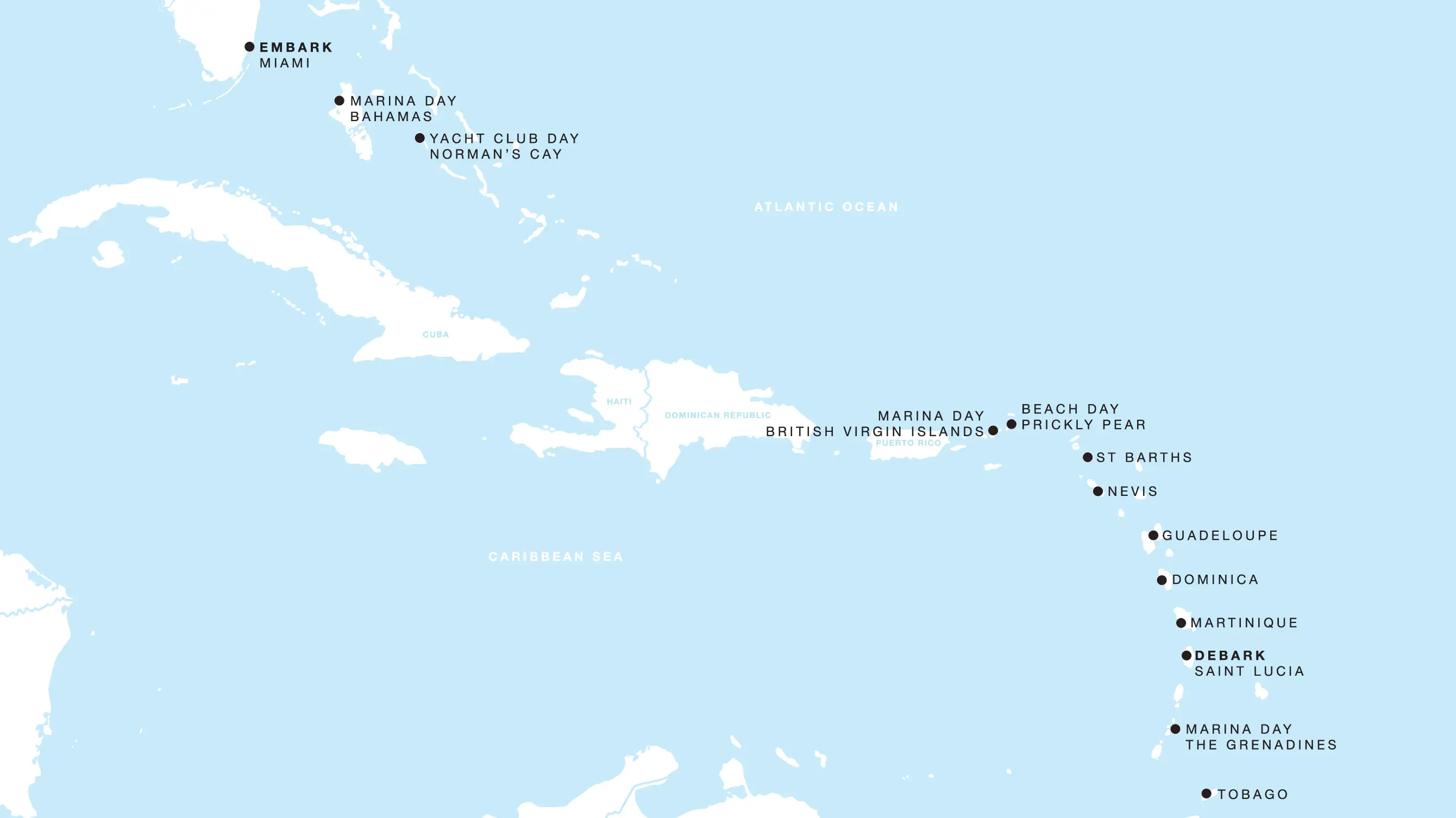 Four Seasons I Miami, Florida to Castries itinerary map, January 13 to January 31, 2027, Voyage FS-I-270113-018