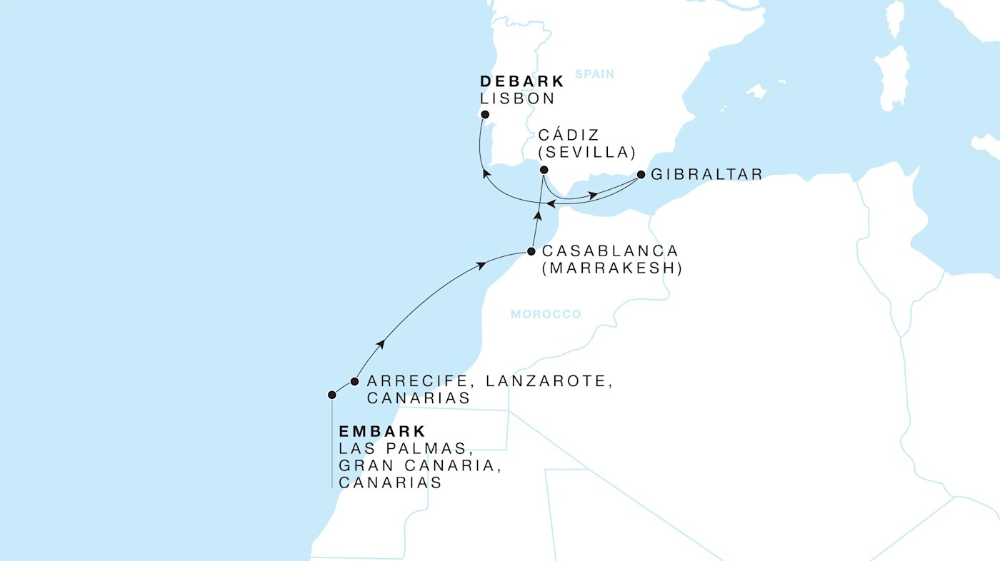 Four Seasons I Las Palmas, Gran Canaria, Canarias to lisbon itinerary map, March 22 to March 31, 2027, Voyage FS-I-270322-009