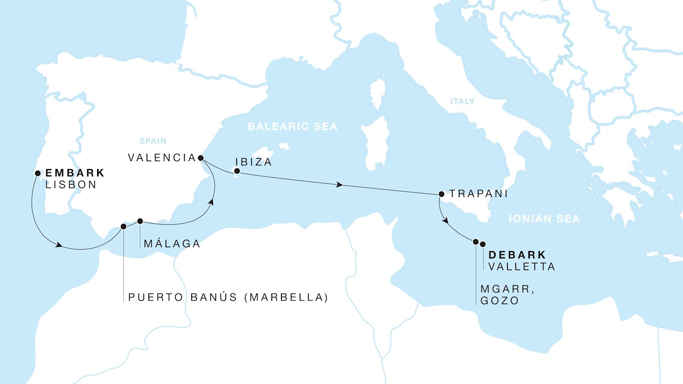 Four Seasons I lisbon to Valletta itinerary map, March 31 to April 11, 2027, Voyage FS-I-270331-011