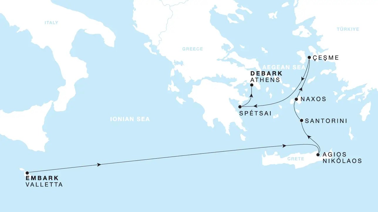 Four Seasons I Valletta to Athens itinerary map, April 11 to April 18, 2027, Voyage FS-I-270411-007