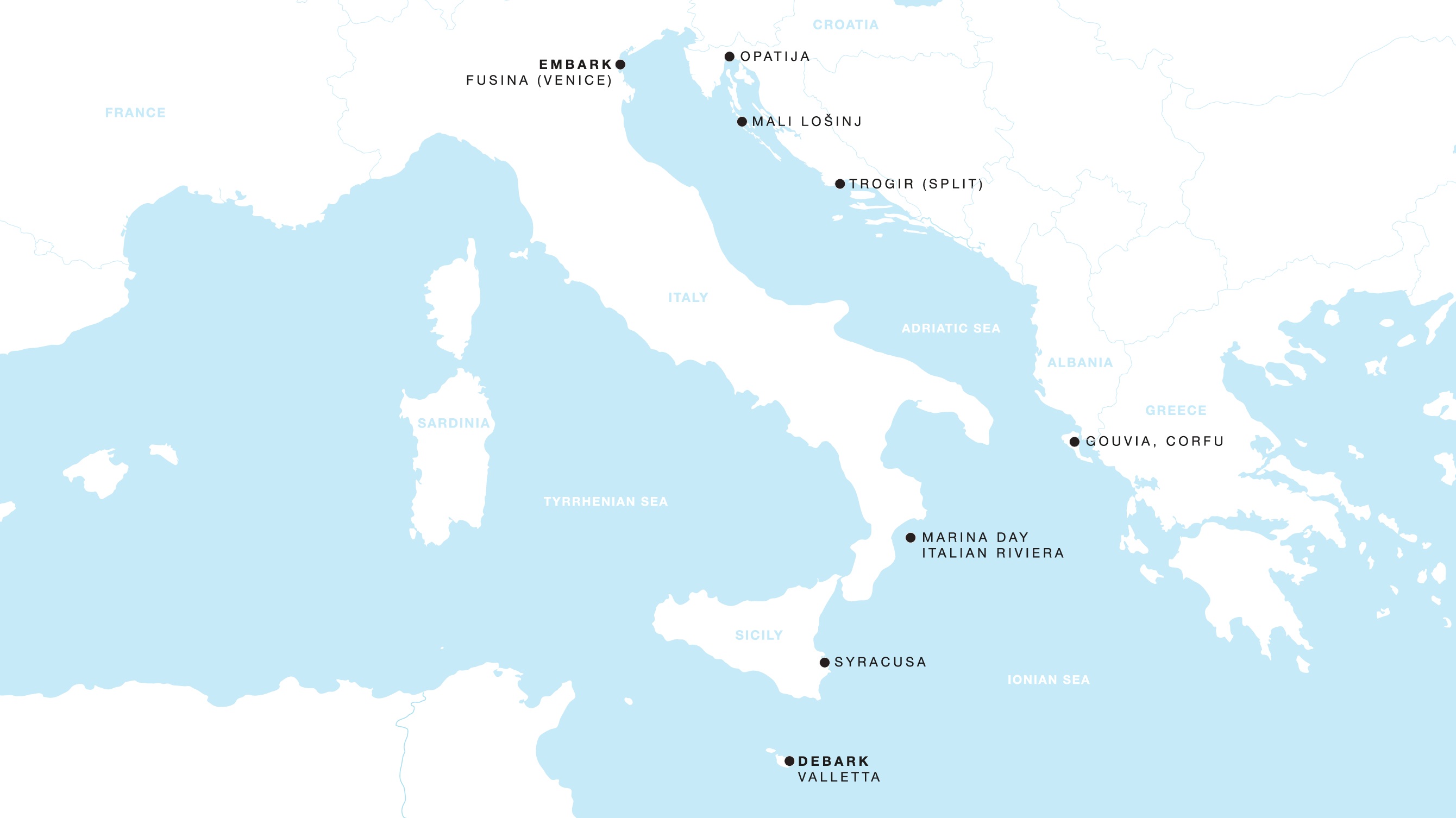 Four Seasons I Fusina (Venice) to Valletta itinerary map, June 13 to June 22, 2027, Voyage FS-I-270613-009