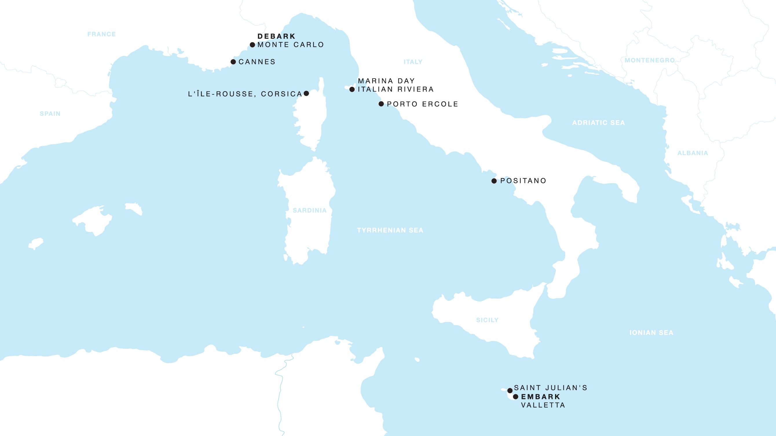 Four Seasons I Valletta to Monte Carlo itinerary map, June 27 to July 6, 2027, Voyage FS-I-270627-009
