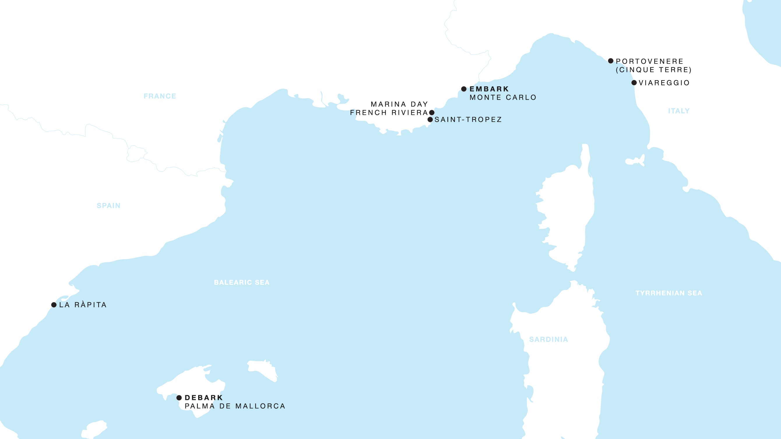 Four Seasons I Monte Carlo to Palma de Mallorca itinerary map, July 11 to July 18, 2027, Voyage FS-I-270711-007