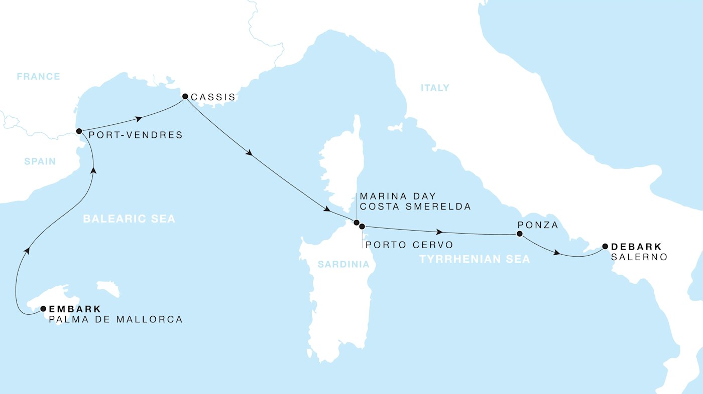 Four Seasons I Palma de Mallorca to Salerno itinerary map, July 18 to July 25, 2027, Voyage FS-I-270718-007