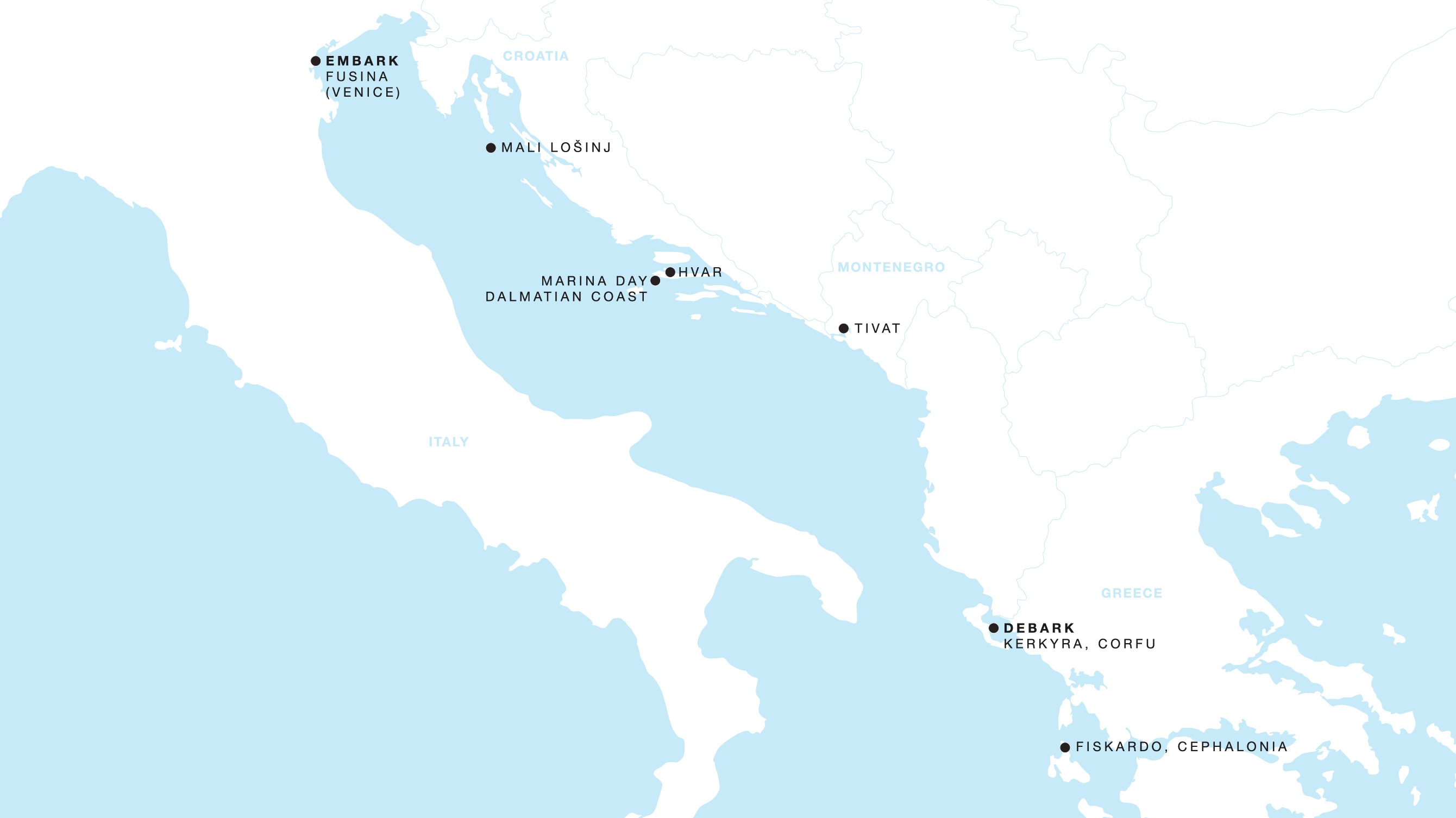 Four Seasons I Fusina (Venice) to Kerkyra, Corfu itinerary map, August 15 to August 22, 2027, Voyage FS-I-270815-007