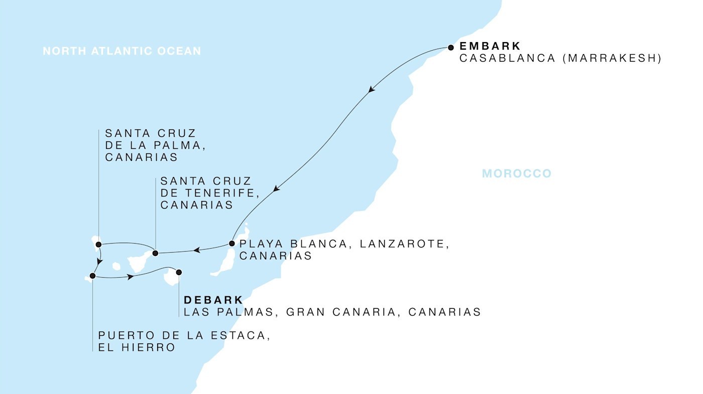 Four Seasons I Casablanca (Marrakesh) to Las Palmas, Gran Canaria, Canarias itinerary map, November 6 to November 13, 2027, Voyage FS-I-271106-007