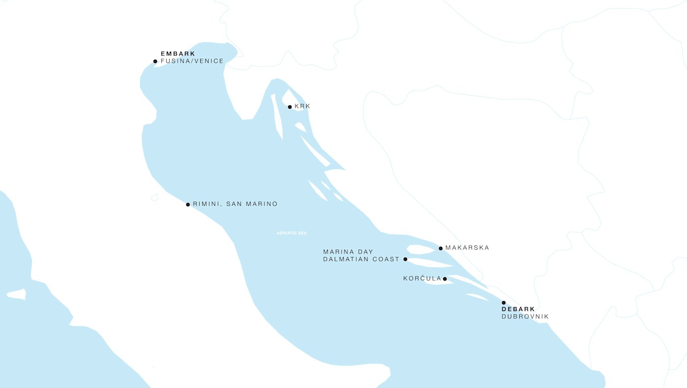 Four Seasons II Fusina (Venice) to Dubrovnik itinerary map, June 18 to June 25, 2028, Voyage FS-II-280618-07