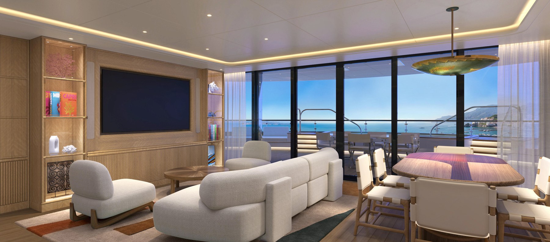 Four Seasons One Milos Suite living room with contemporary furnishings