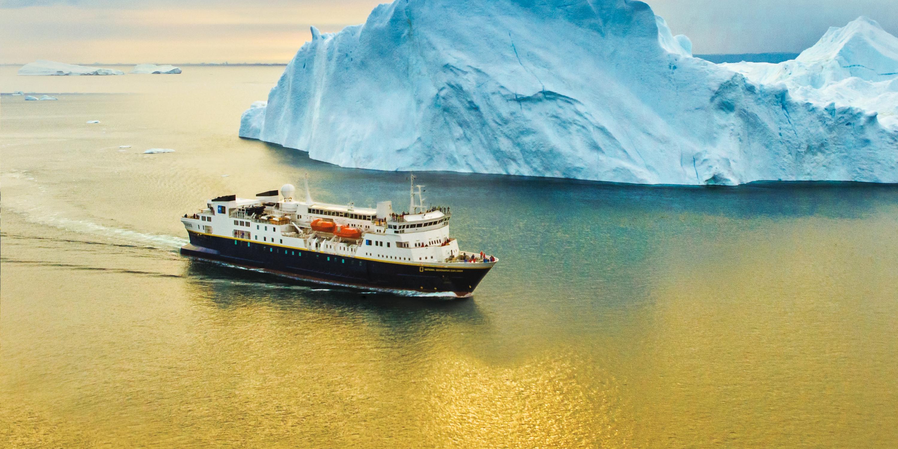 National Geographic Explorer navigating among icebergs in Greenland