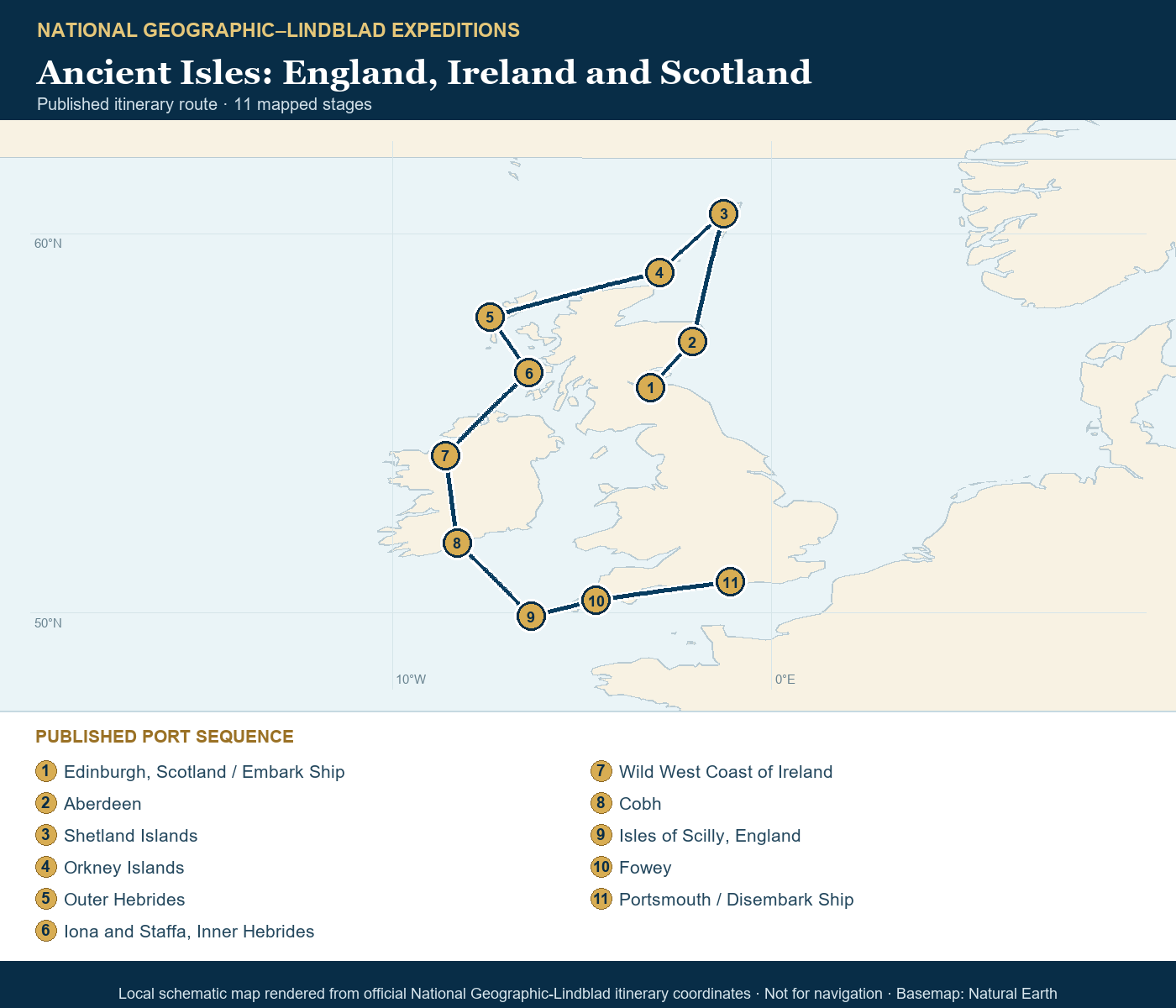 National Geographic Explorer May 19-31 2028 schematic itinerary route map based on the official National Geographic-Lindblad coordinates