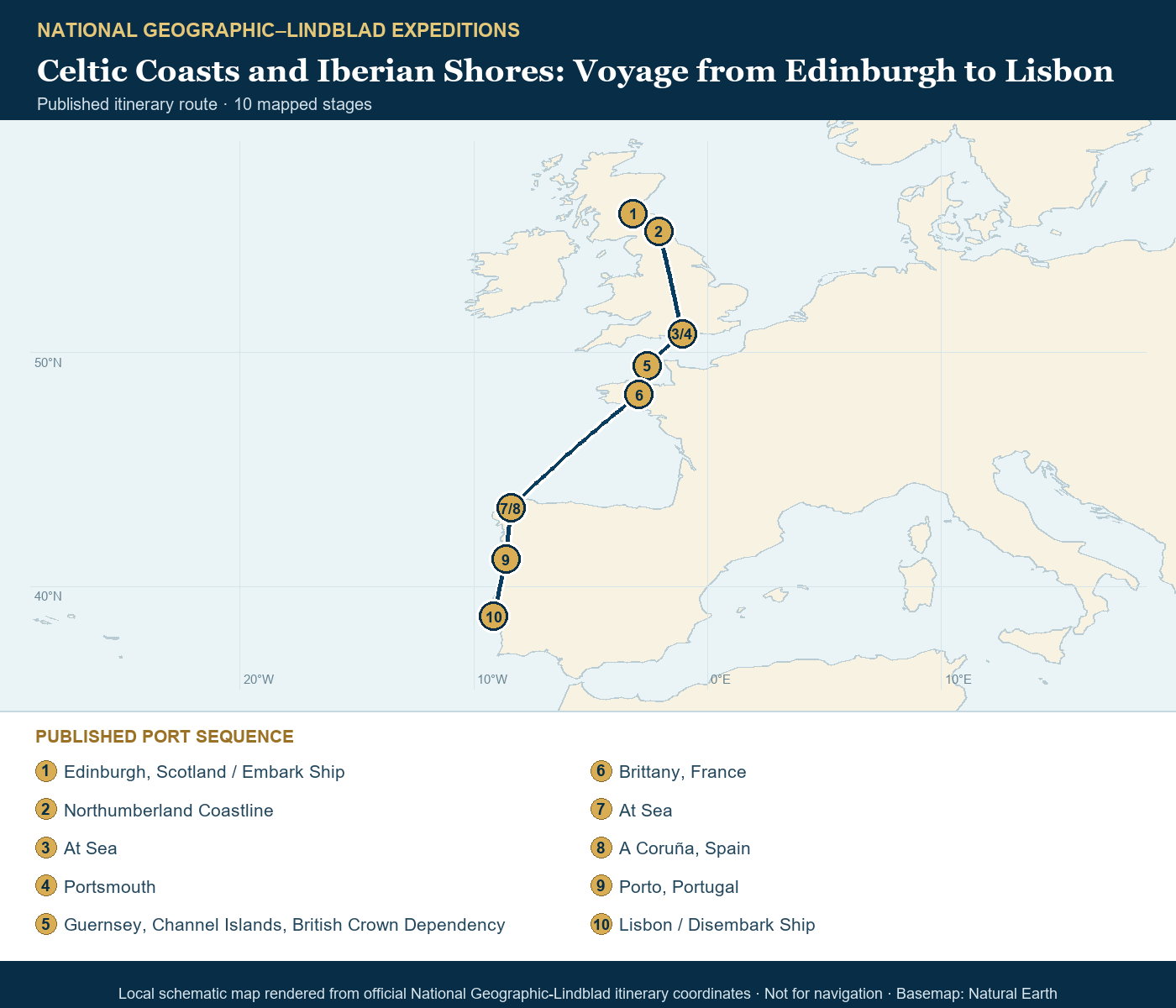National Geographic Endurance September 27-October 8 2028 schematic itinerary route map based on the official National Geographic-Lindblad coordinates
