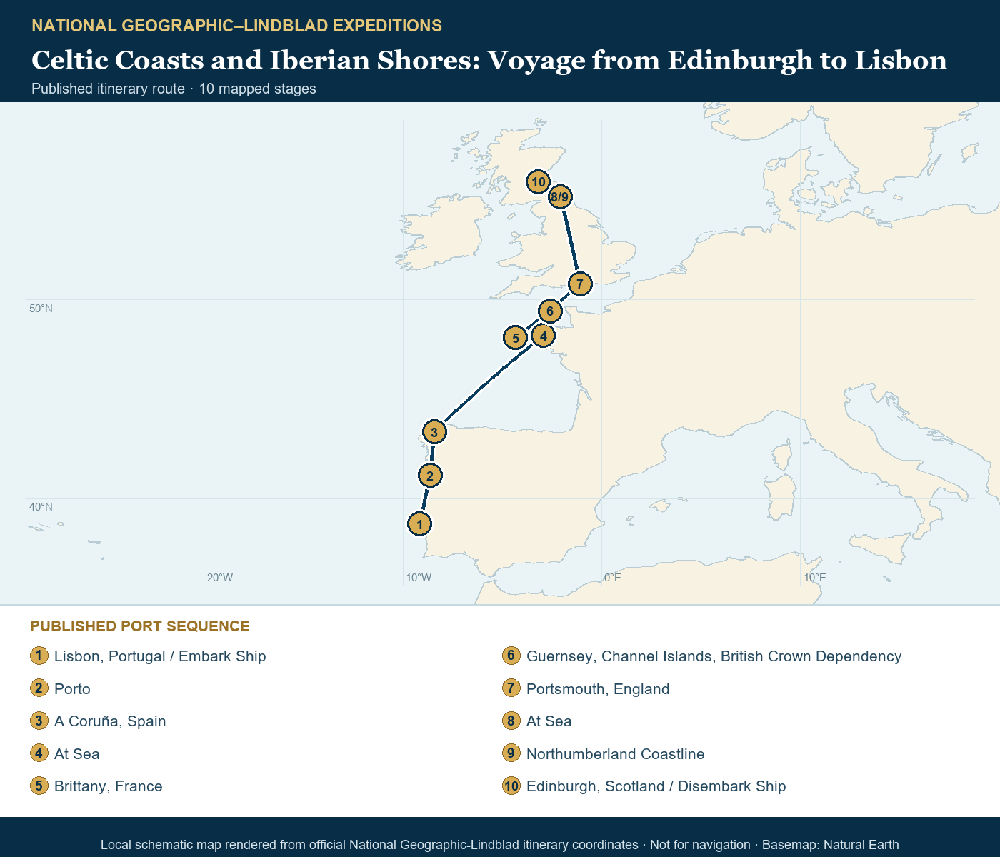 National Geographic Explorer April 14-25 2027 schematic itinerary route map based on the official National Geographic-Lindblad coordinates