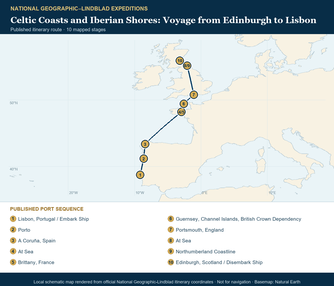 National Geographic Explorer April 14-25 2027 schematic itinerary route map based on the official National Geographic-Lindblad coordinates