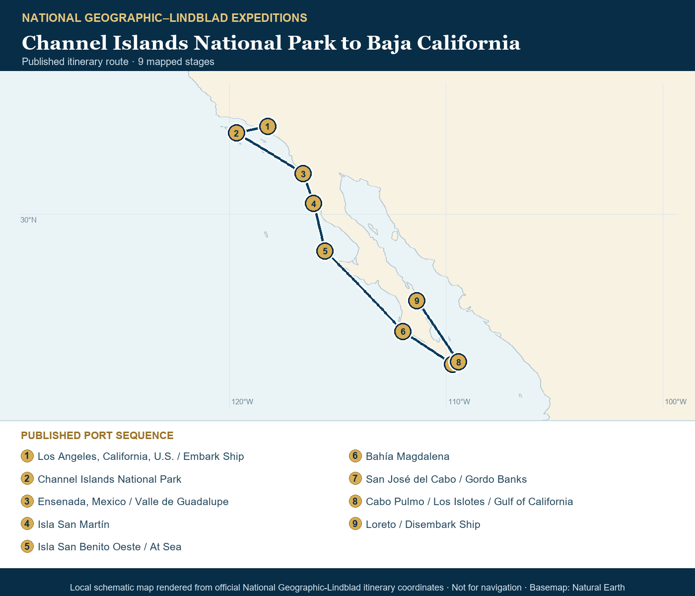 National Geographic Venture November 22-December 4 2026 schematic itinerary route map based on the official National Geographic-Lindblad coordinates
