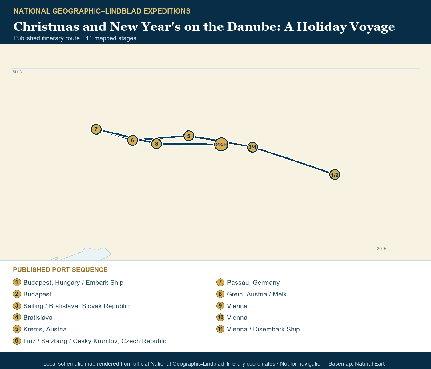 Evolve December 23 2028-January 2 2029 schematic itinerary route map based on the official National Geographic-Lindblad coordinates