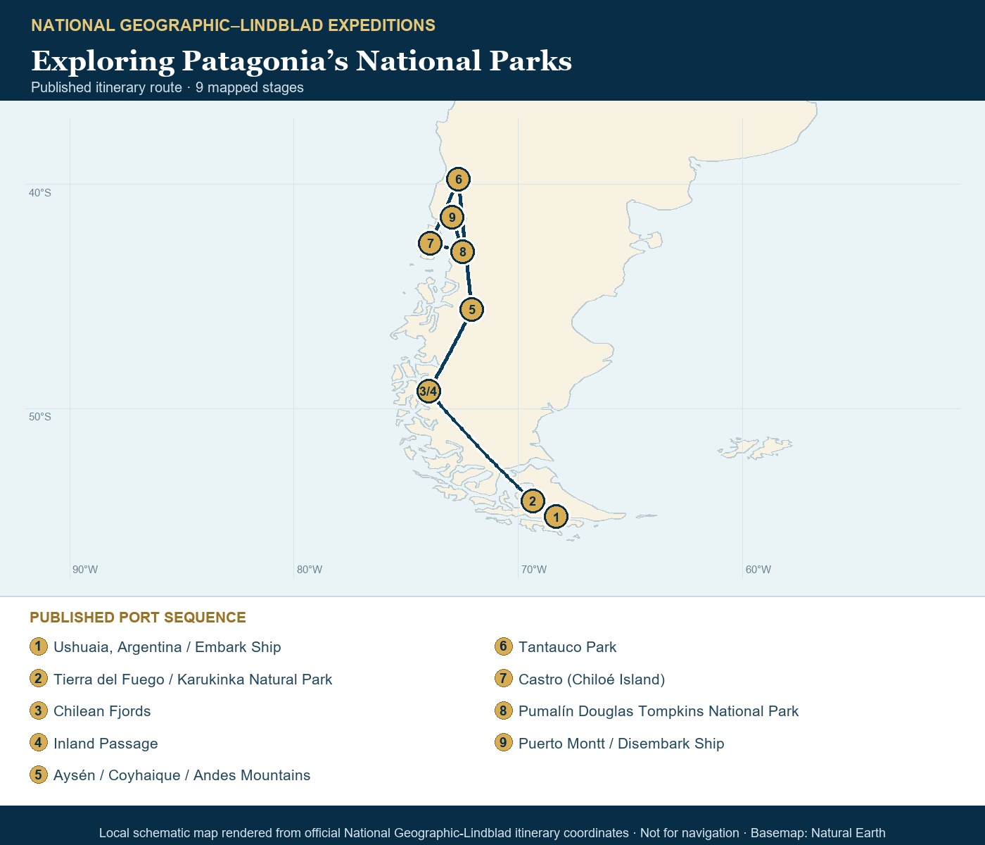 National Geographic Orion March 16-April 1 2028 schematic itinerary route map based on the official National Geographic-Lindblad coordinates