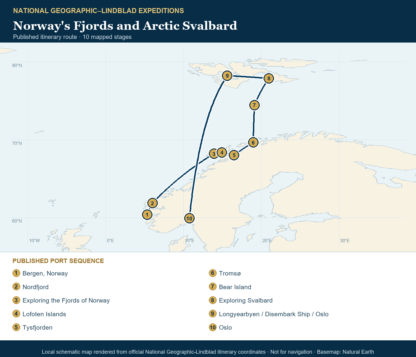 National Geographic Endurance April 10-25 2027 schematic itinerary route map based on the official National Geographic-Lindblad coordinates