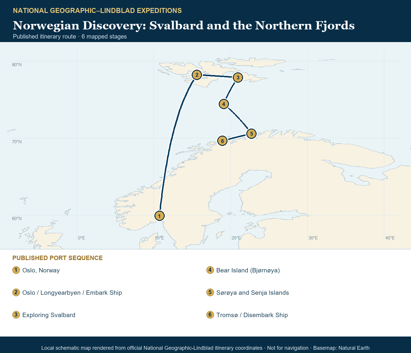 National Geographic Endurance May 22-June 2 2028 schematic itinerary route map based on the official National Geographic-Lindblad coordinates