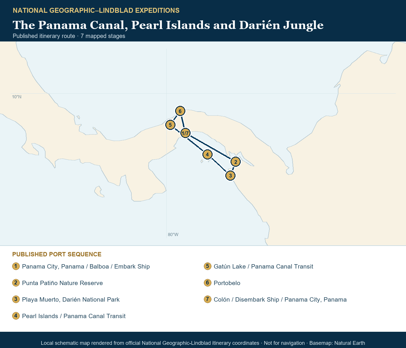 National Geographic Quest December 13-20 2026 schematic itinerary route map based on the official National Geographic-Lindblad coordinates