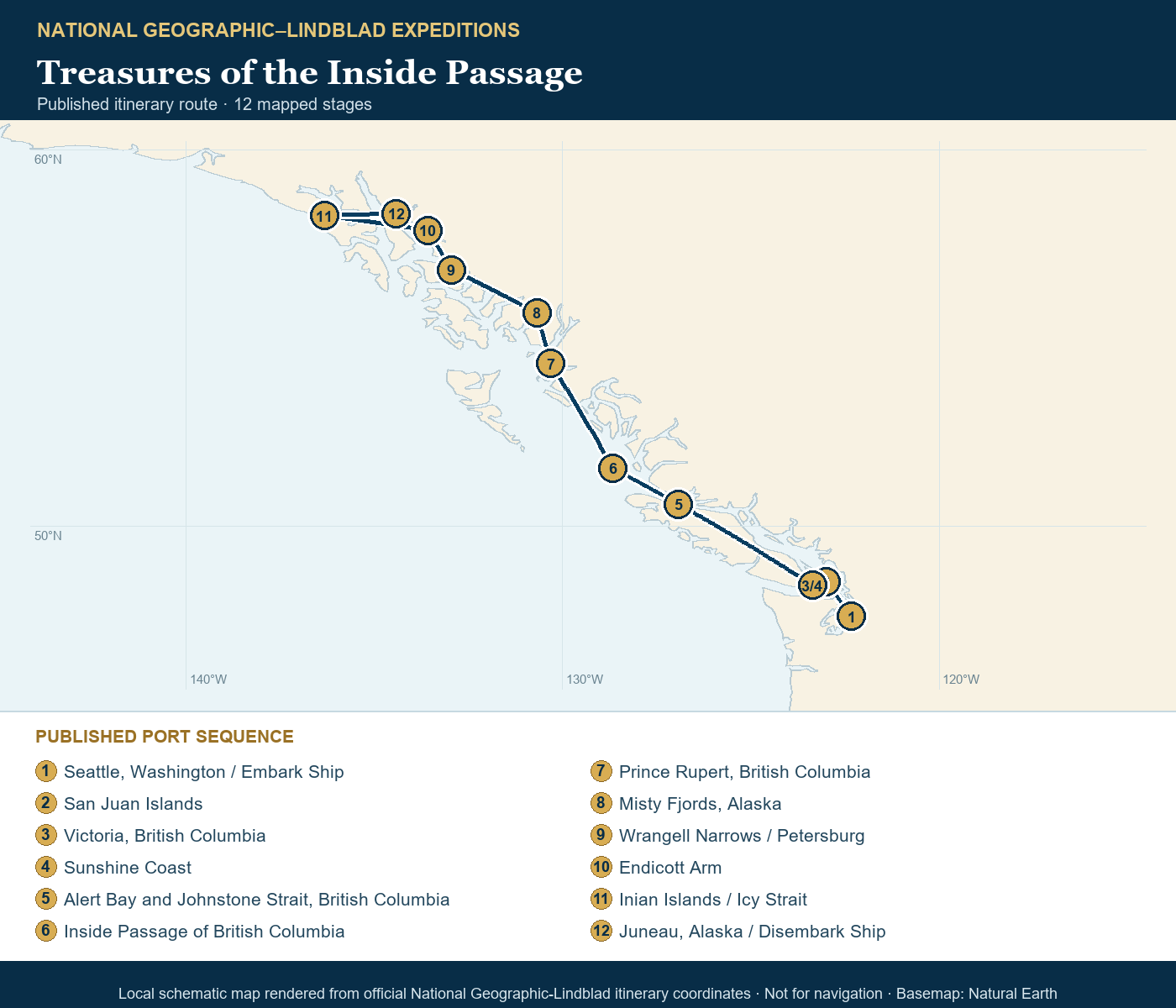 National Geographic Venture April 24-May 6 2028 schematic itinerary route map based on the official National Geographic-Lindblad coordinates