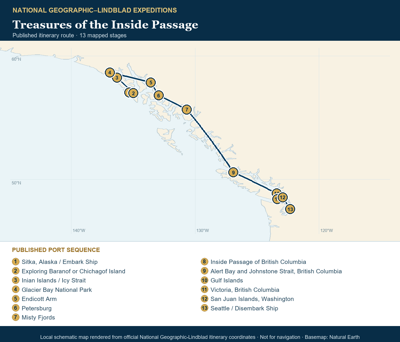 National Geographic Quest September 26-October 9 2026 schematic itinerary route map based on the official National Geographic-Lindblad coordinates