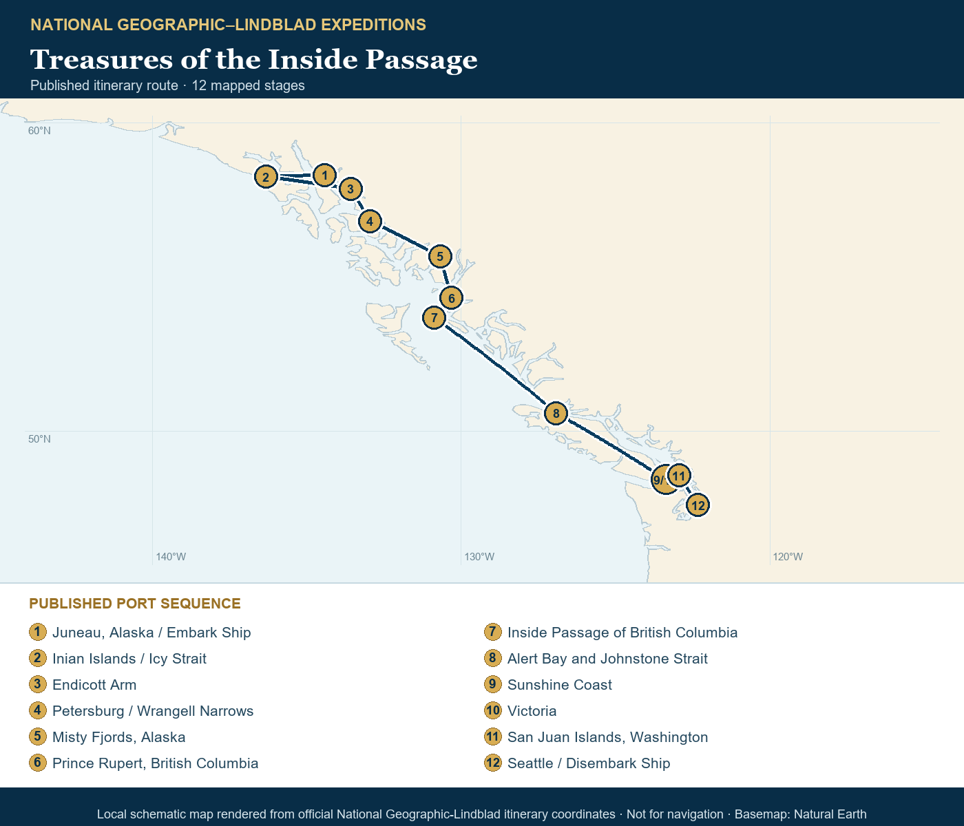 National Geographic Venture September 23-October 5 2028 schematic itinerary route map based on the official National Geographic-Lindblad coordinates