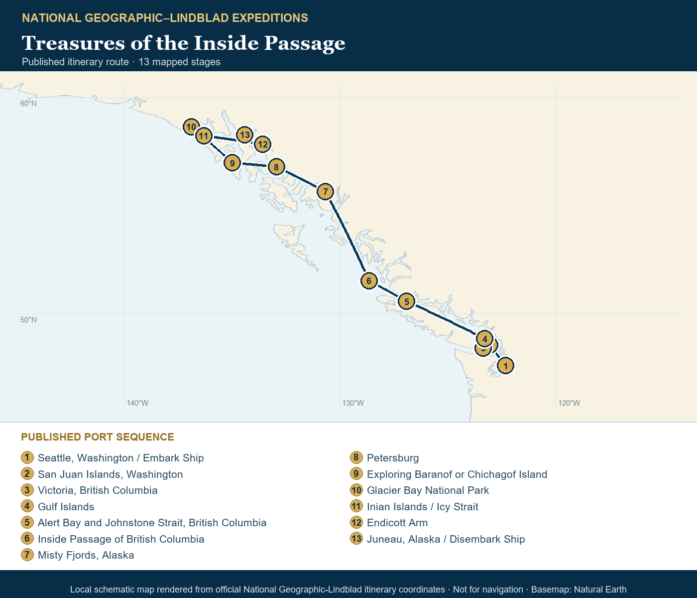 National Geographic Quest May 2-15 2027 schematic itinerary route map based on the official National Geographic-Lindblad coordinates