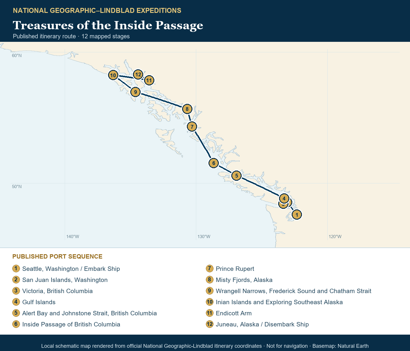 National Geographic Venture April 27-May 9 2027 schematic itinerary route map based on the official National Geographic-Lindblad coordinates