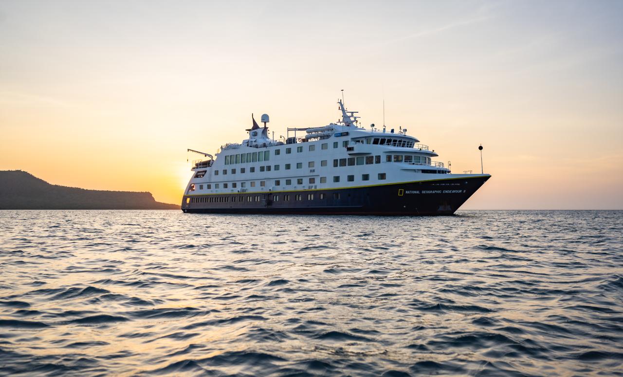 National Geographic Endeavour II at sunset in the Galápagos