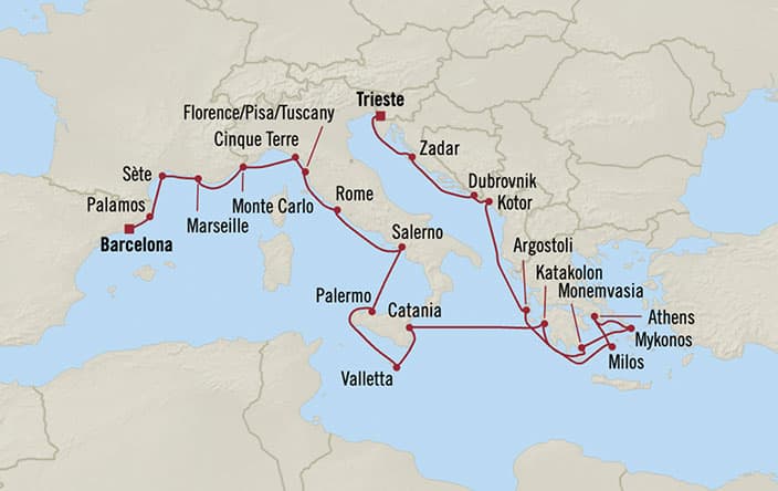 Itinerary Map for Oceania Cruises Allura Voyage ID ALU270618B