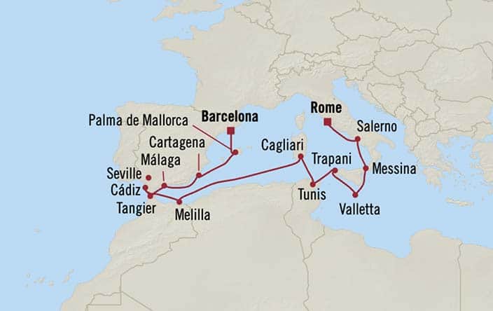 Itinerary Map for Oceania Cruises Allura Voyage ID ALU280103