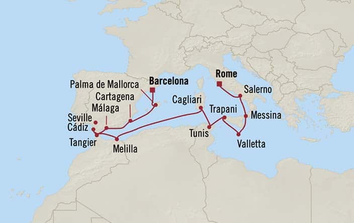 Itinerary Map for Oceania Cruises Allura Voyage ID ALU280117