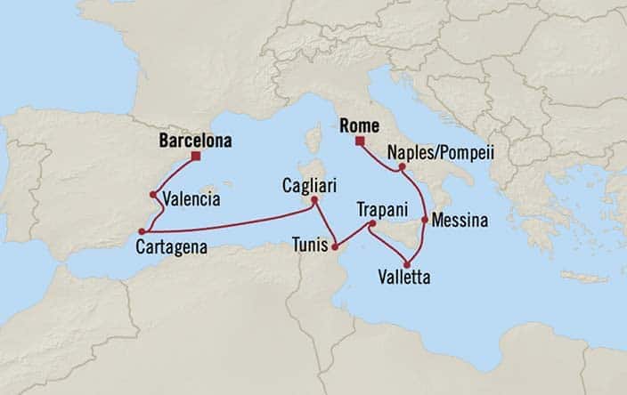 Itnerary Map for Oceania Cruises Allura Voyage ID ALU261107