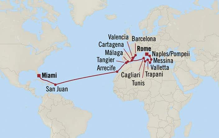 Itnerary Map for Oceania Cruises Allura Voyage ID ALU261107A