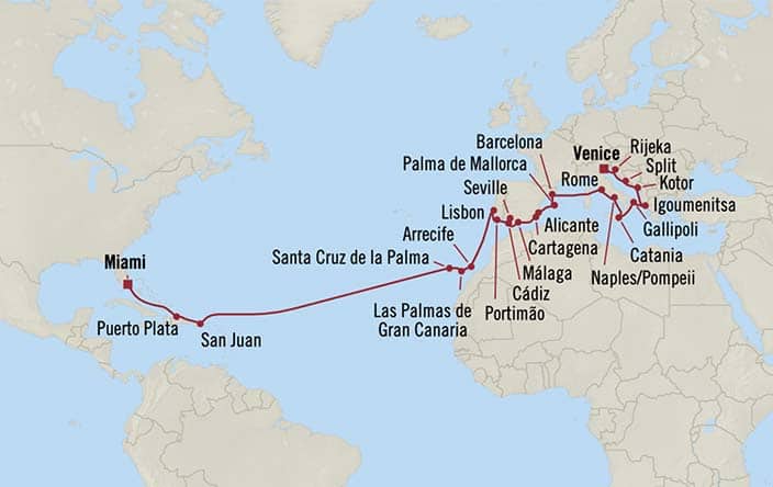 Itinerary Map for Oceania Cruises Insignia Voyage ID INS261023B
