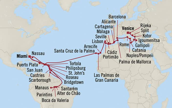 Itinerary Map for Oceania Cruises Insignia Voyage ID INS261023C