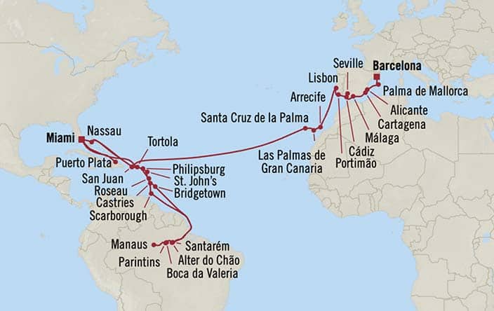 Itinerary Map for Oceania Cruises Insignia Voyage ID INS261102B