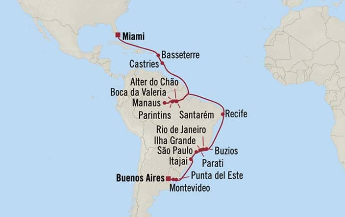 Itnerary Map for Oceania Cruises Marina Voyage ID MNA260307A