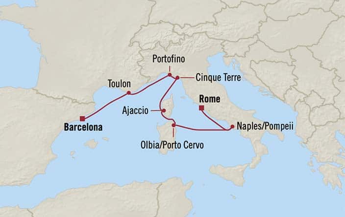Itnerary Map for Oceania Cruises Marina Voyage ID MNA260421