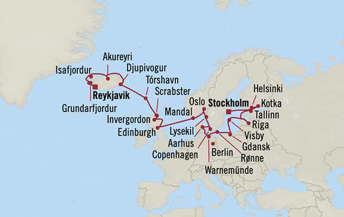 Itinerary Map for Oceania Cruises Marina Voyage ID MNA260720A