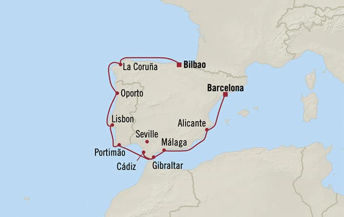 Itinerary Map for Oceania Cruises Marina Voyage ID MNA261002
