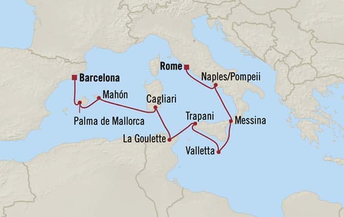 Itnerary Map for Oceania Cruises Marina Voyage ID MNA261115