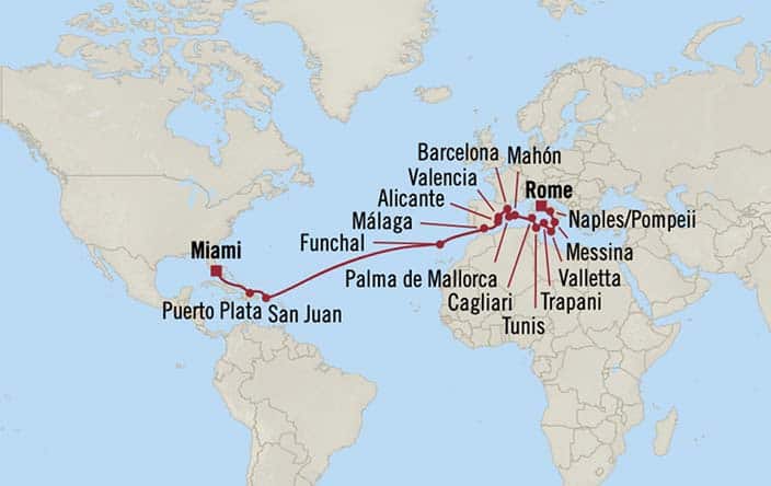 Itinerary Map for Oceania Cruises Marina Voyage ID MNA261115A