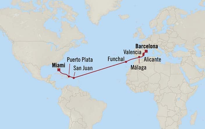 Itinerary Map for Oceania Cruises Marina Voyage ID MNA261125