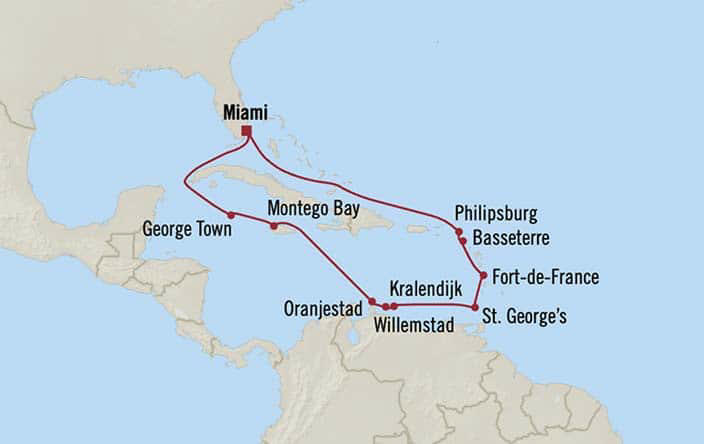 Itinerary Map for Oceania Cruises Marina Voyage ID MNA261222