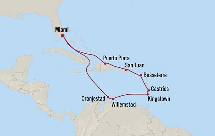 Itinerary Map for Oceania Cruises Marina Voyage ID MNA270201