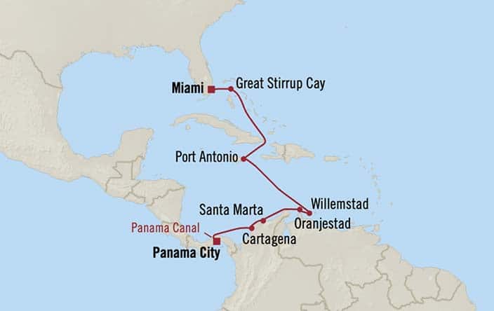 Itinerary Map for Oceania Cruises Marina Voyage ID MNA270315
