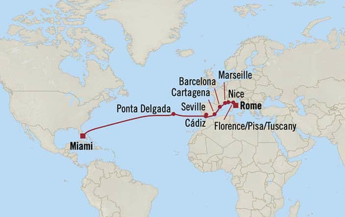Itinerary Map for Oceania Cruises Marina Voyage ID MNA270325