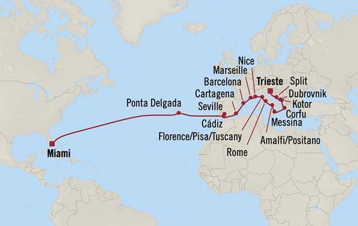 Itinerary Map for Oceania Cruises Marina Voyage ID MNA270325A