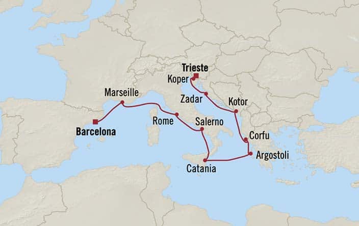 Itinerary Map for Oceania Cruises Marina Voyage ID MNA270417
